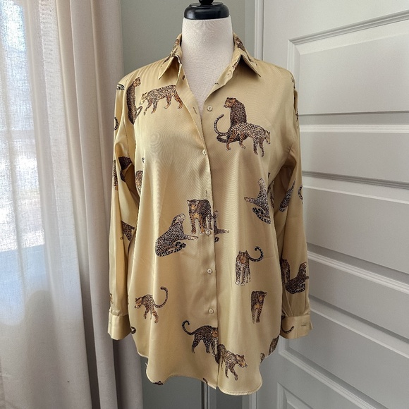 Zara Cheetah Button Down Satin Top - Picture 2 of 6